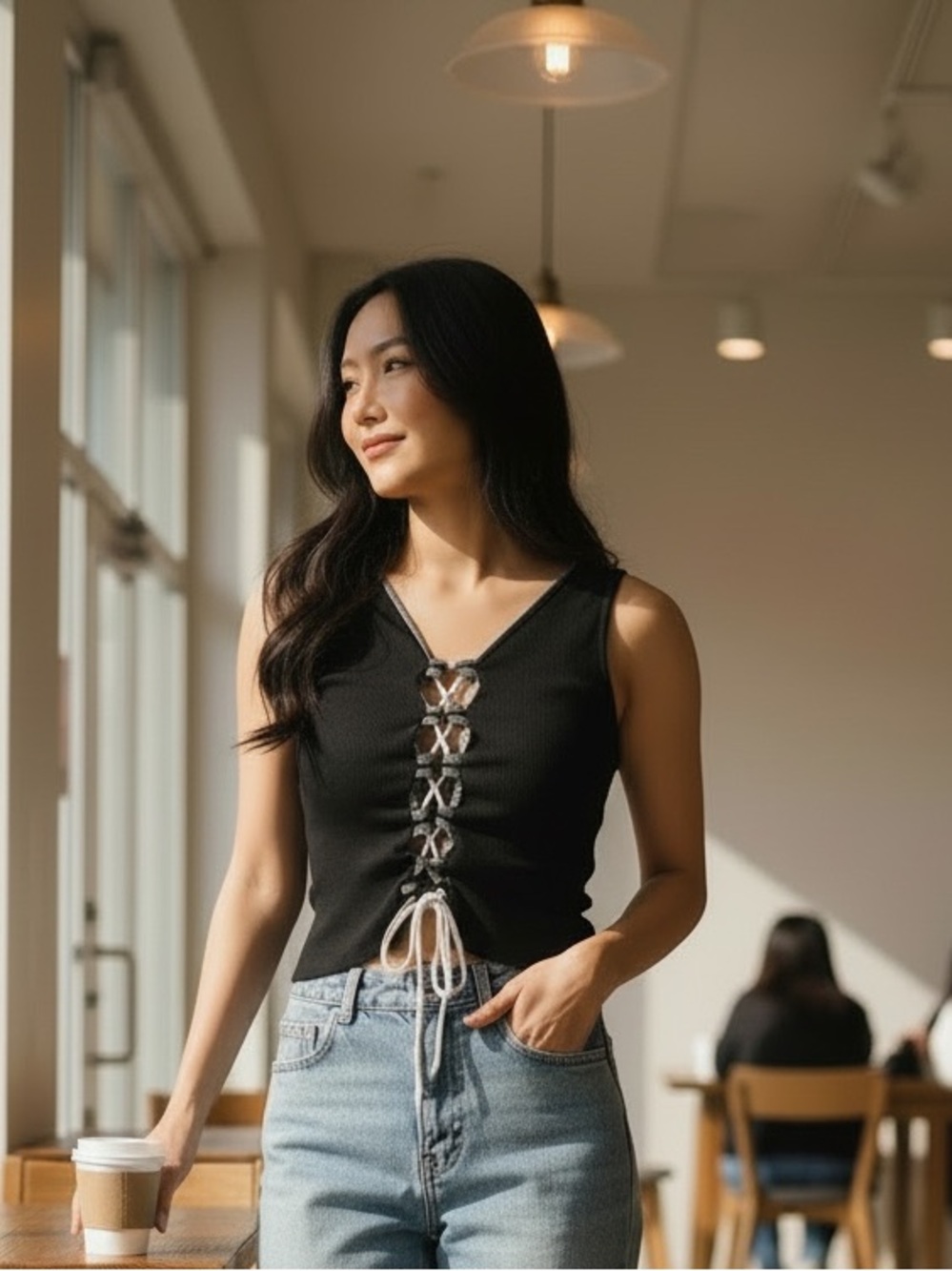 SHEIN Black Lace-Up Ribbed Tank Top — Casual Crop